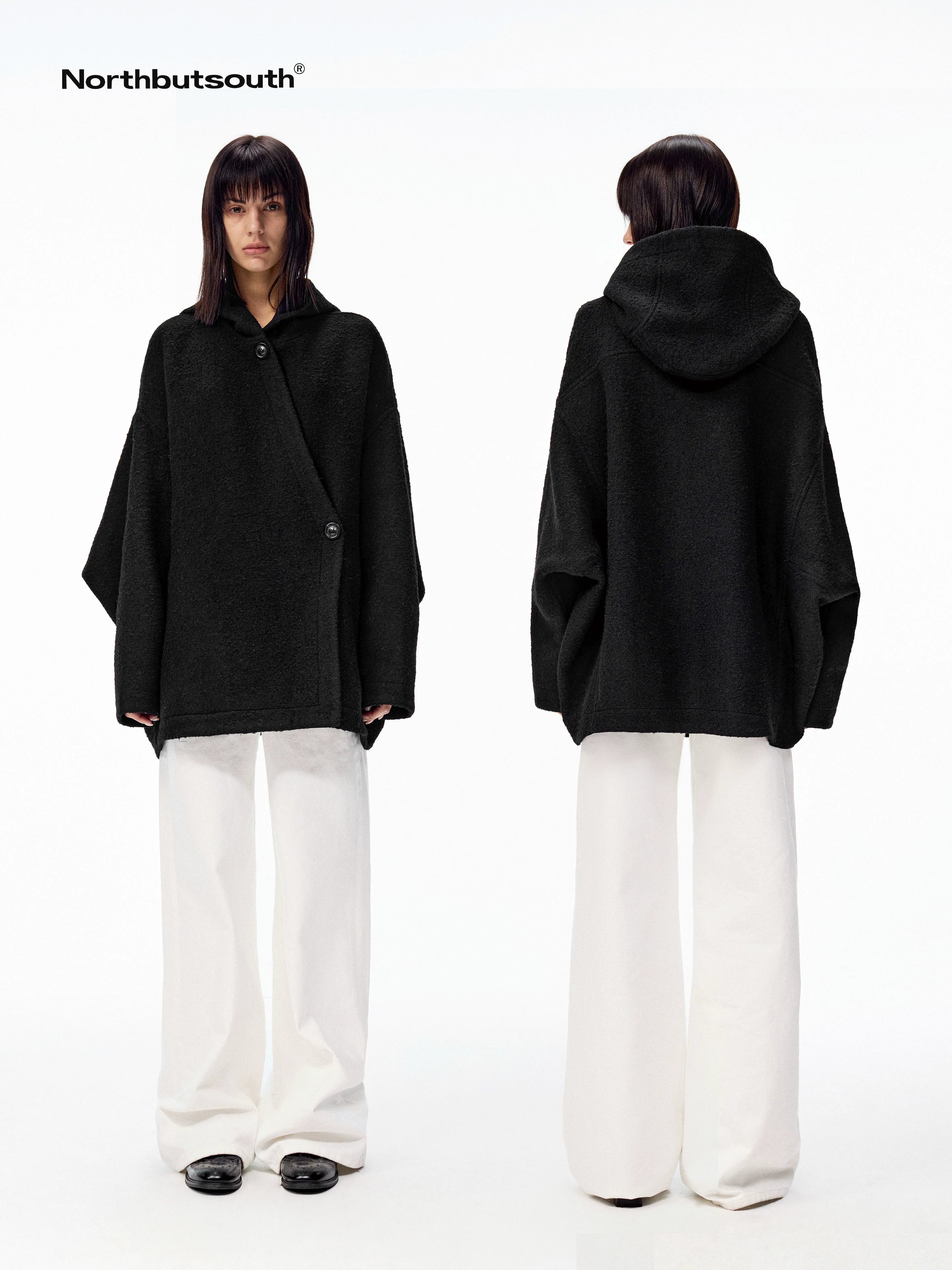 Hooded Asymmetric Placket Batwing Cape Women&