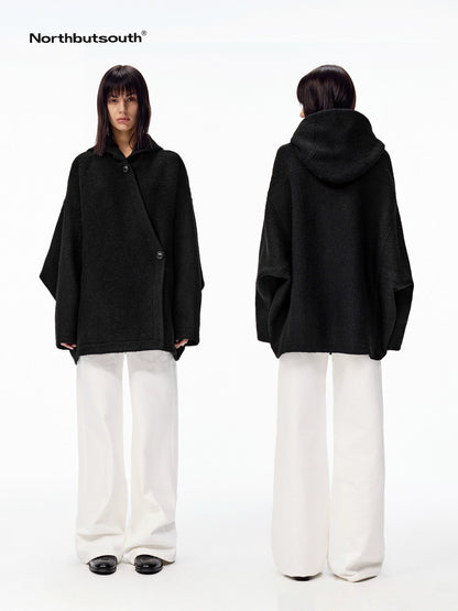 Hooded Asymmetric Placket Batwing Cape Women&