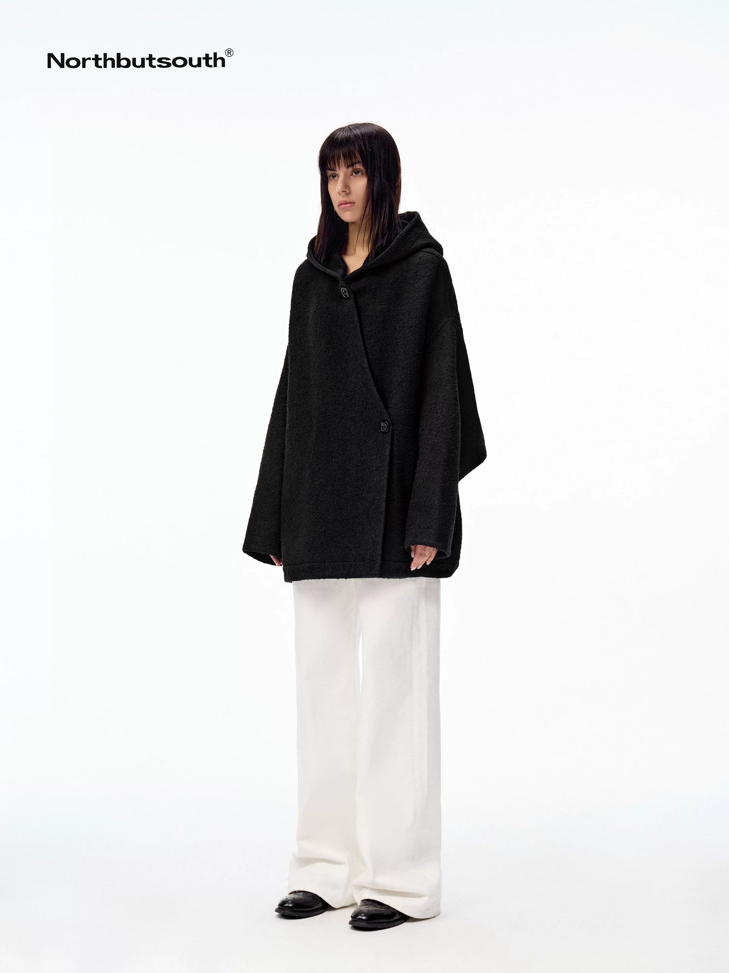 Hooded Asymmetric Placket Batwing Cape Women&