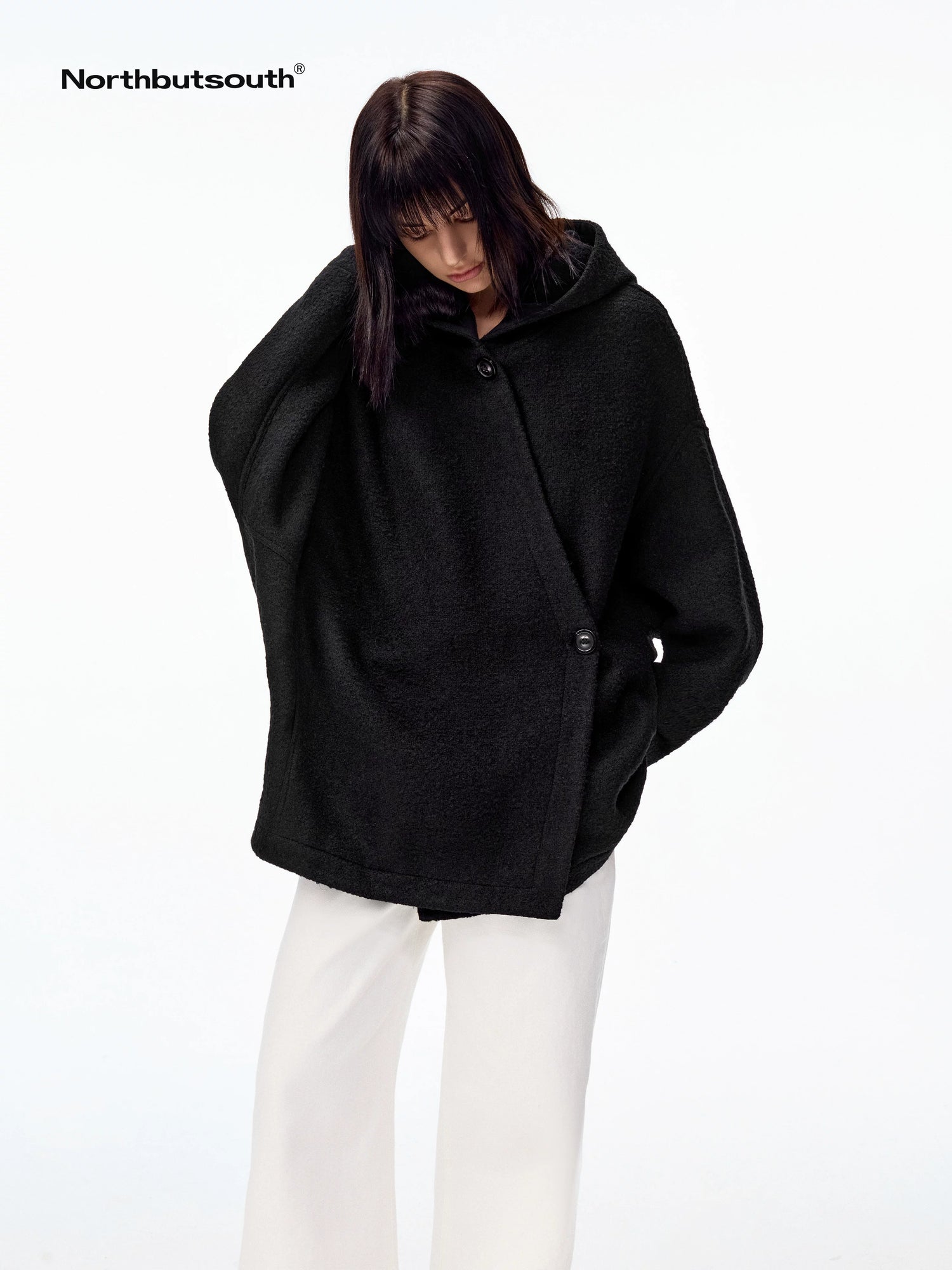 Hooded Asymmetric Placket Batwing Cape Women&