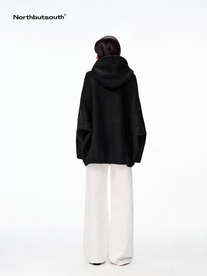 Hooded Asymmetric Placket Batwing Cape Women&