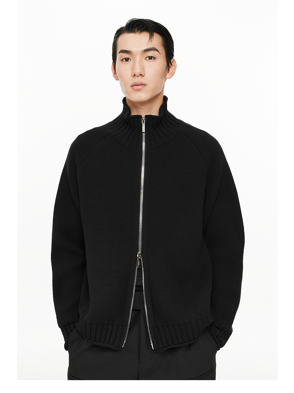 Horn Sleeve Cable Knit Zip Sweater