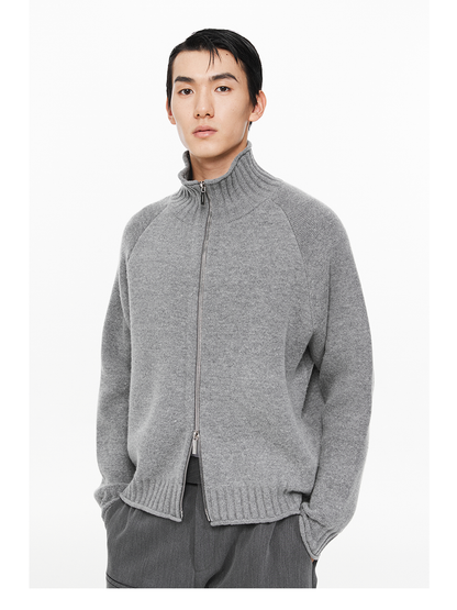 Horn Sleeve Cable Knit Zip Sweater