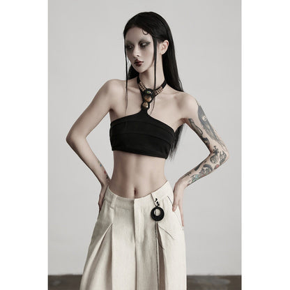INDULGE 3D Embellished Original Design Fitted Cropped Black Polyester Spandex Halter Tops
