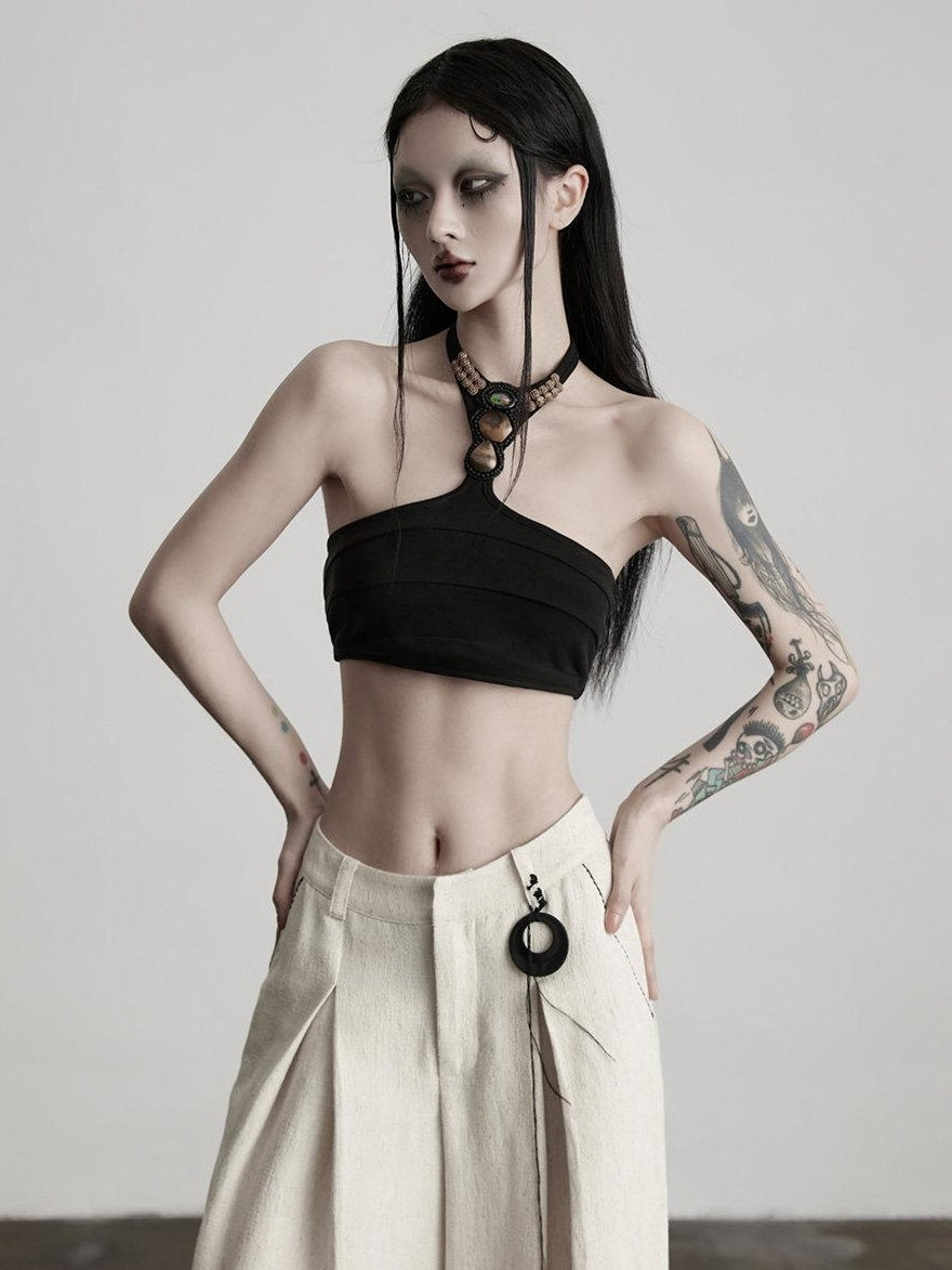 INDULGE 3D Embellished Original Design Fitted Cropped Black Polyester Spandex Halter Tops