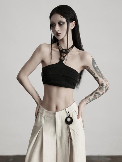 INDULGE 3D Embellished Original Design Fitted Cropped Black Polyester Spandex Halter Tops