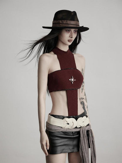 INDULGE 3D Embellished Slim Fit Casual Dark Red Soft Viscose Cotton Blend Tank Tops