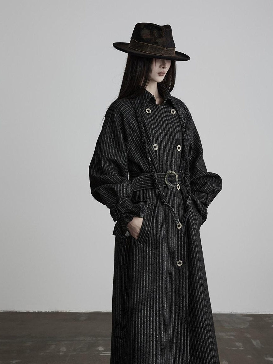 INDULGE 3D Tailored Slim Casual Striped Double Breasted Lapel Black Belted Coats