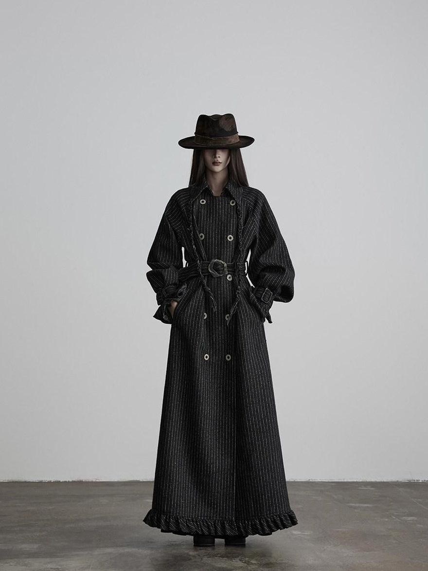 INDULGE 3D Tailored Slim Casual Striped Double Breasted Lapel Black Belted Coats
