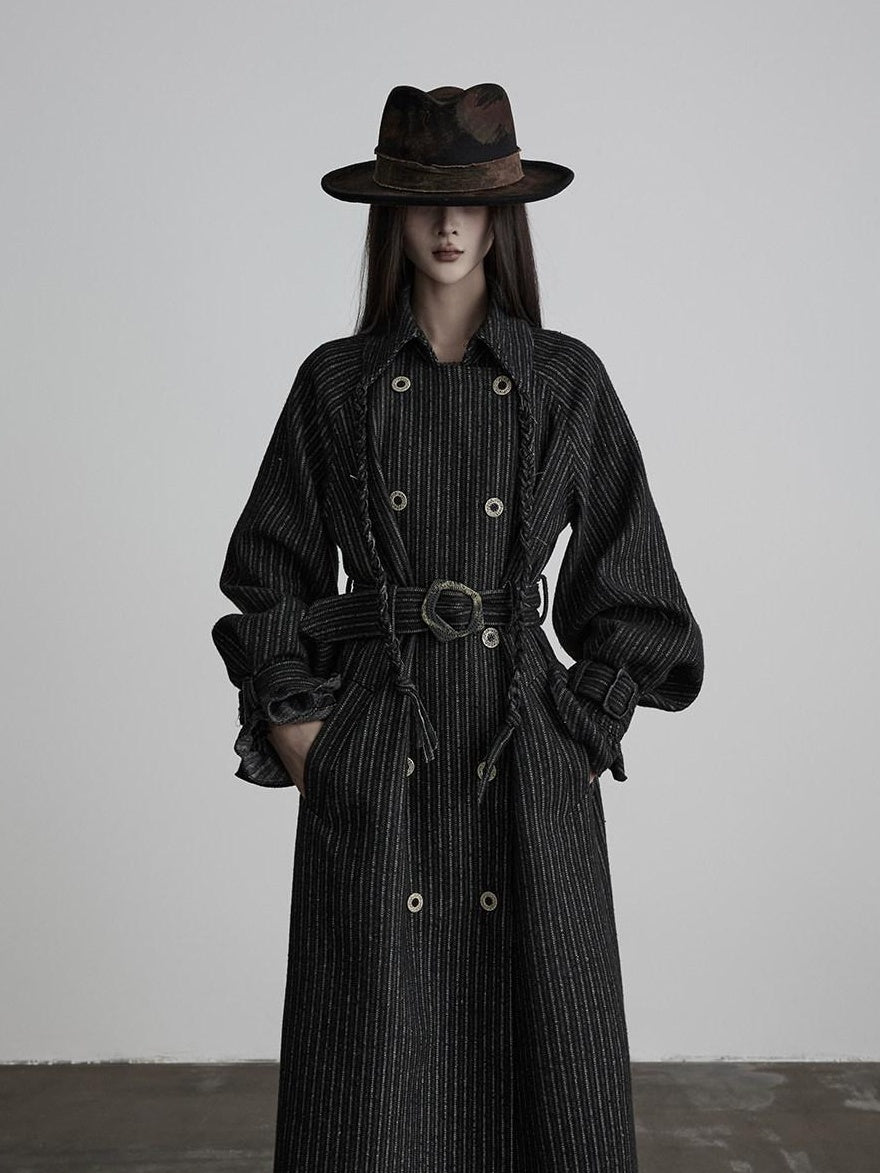 INDULGE 3D Tailored Slim Casual Striped Double Breasted Lapel Black Belted Coats