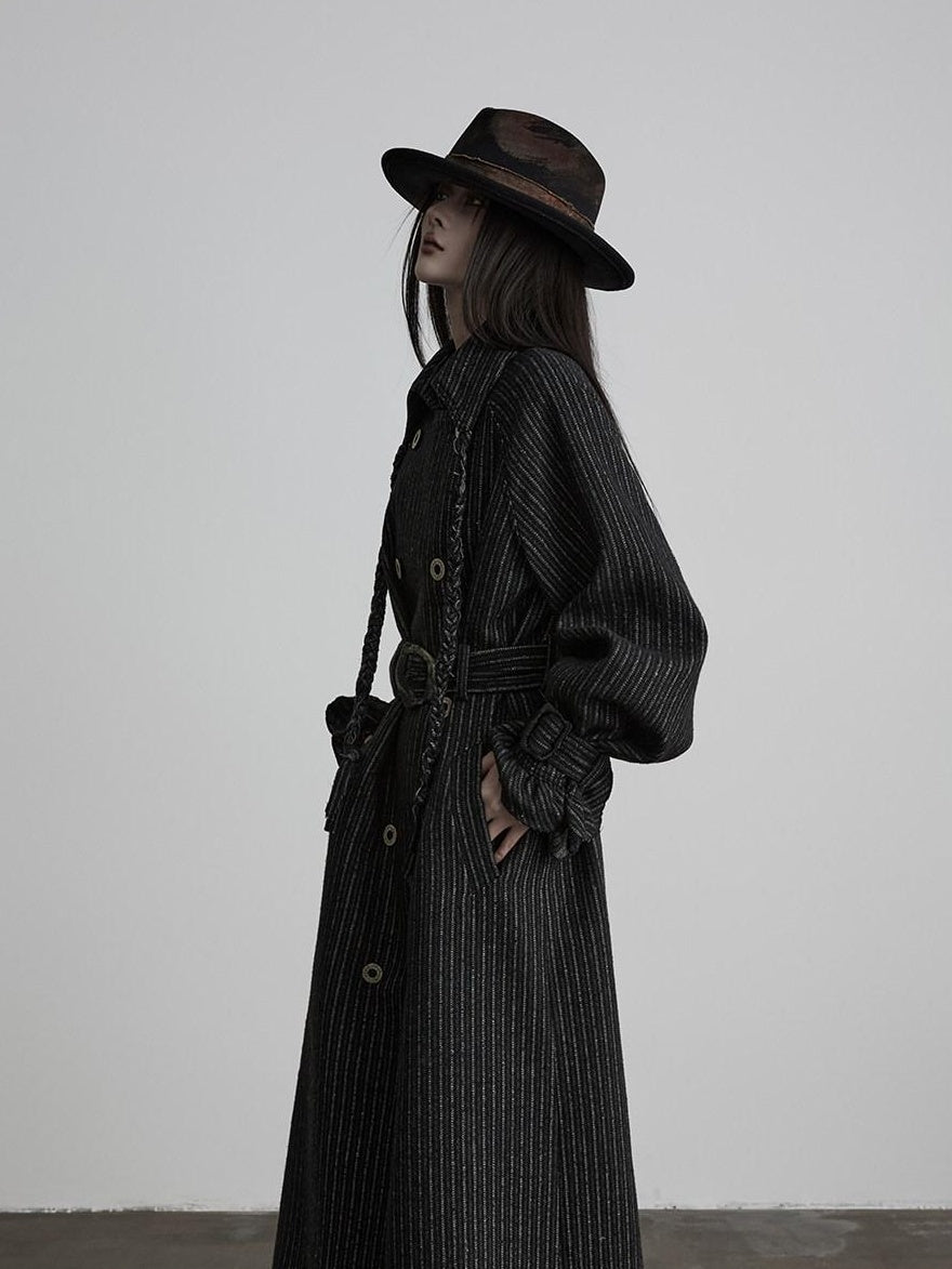 INDULGE 3D Tailored Slim Casual Striped Double Breasted Lapel Black Belted Coats
