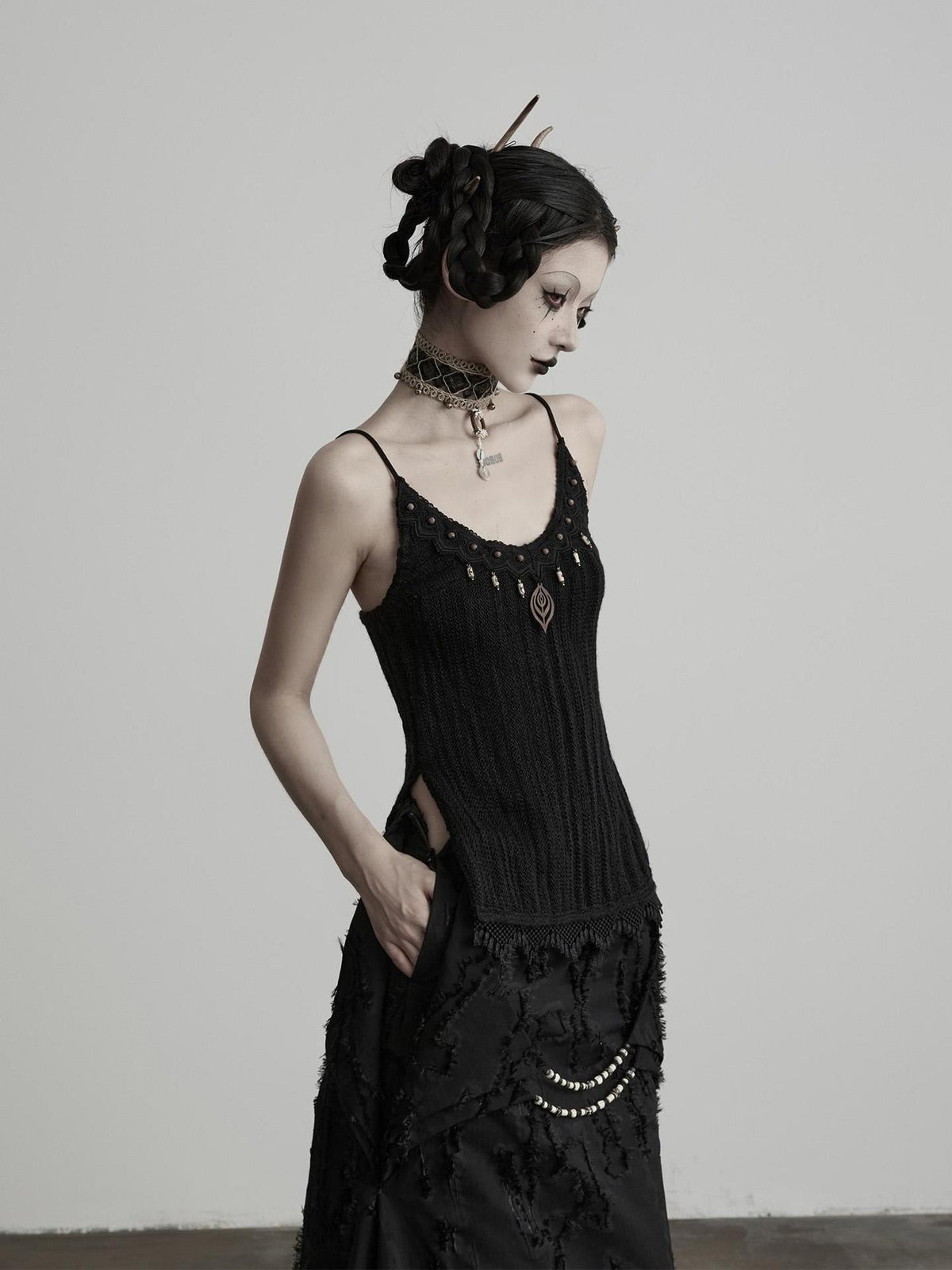 INDULGE 3d Embellished Slit Wool Knit U Neck Women&