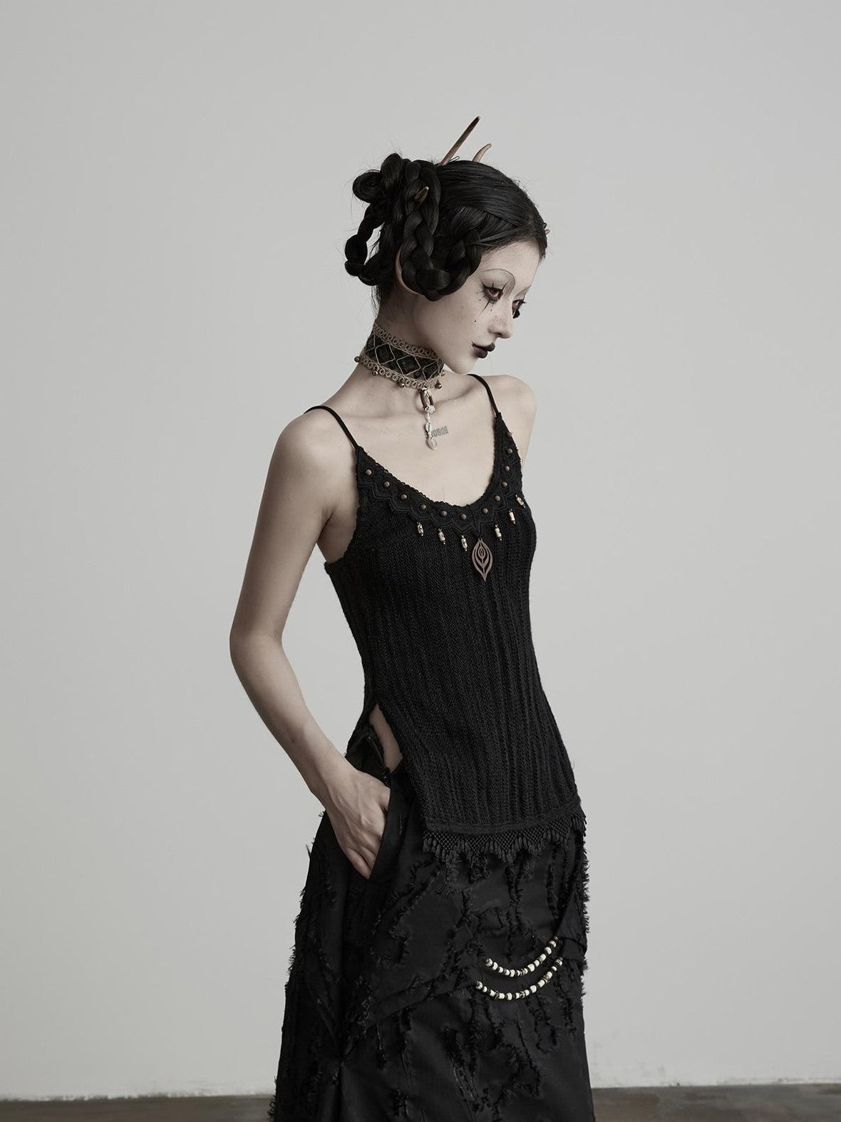 INDULGE 3d Embellished Slit Wool Knit U Neck Women&