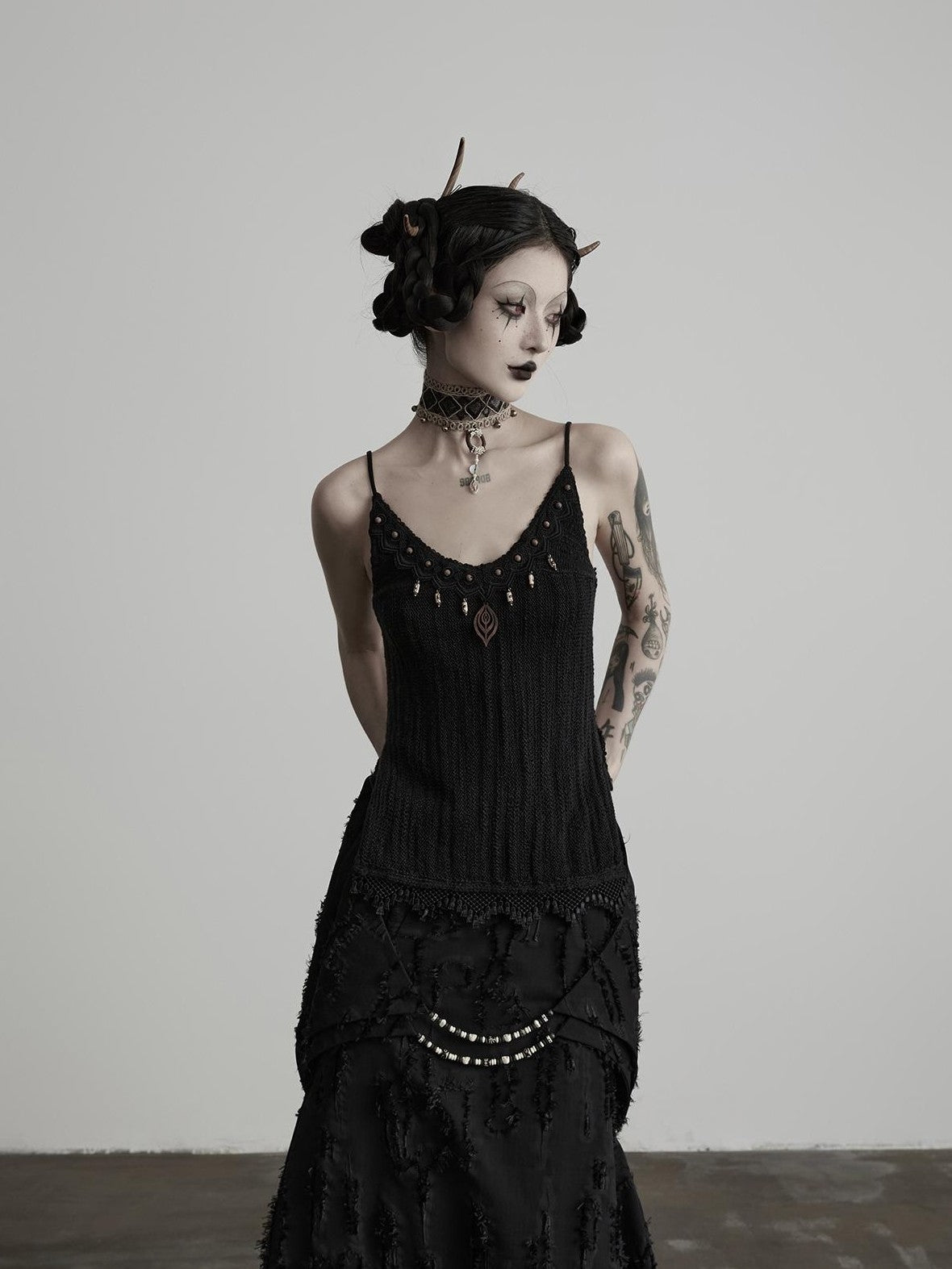 INDULGE 3d Embellished Slit Wool Knit U Neck Women&