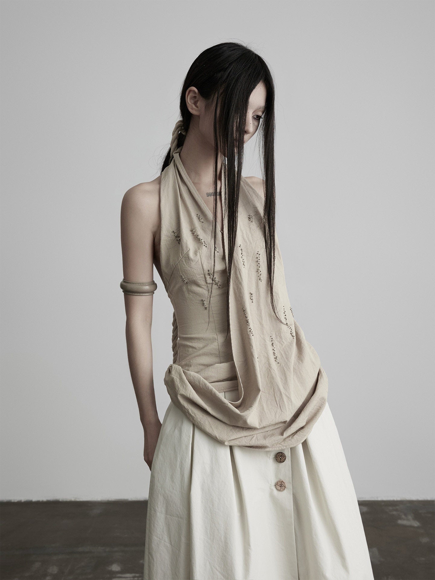 INDULGE_Almond_Beaded_V-neck_Cinched_Waist_Women&