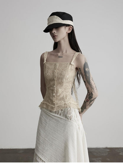 INDULGE Apricot Paisley Embroidered Lace Hem Square Neck Women&