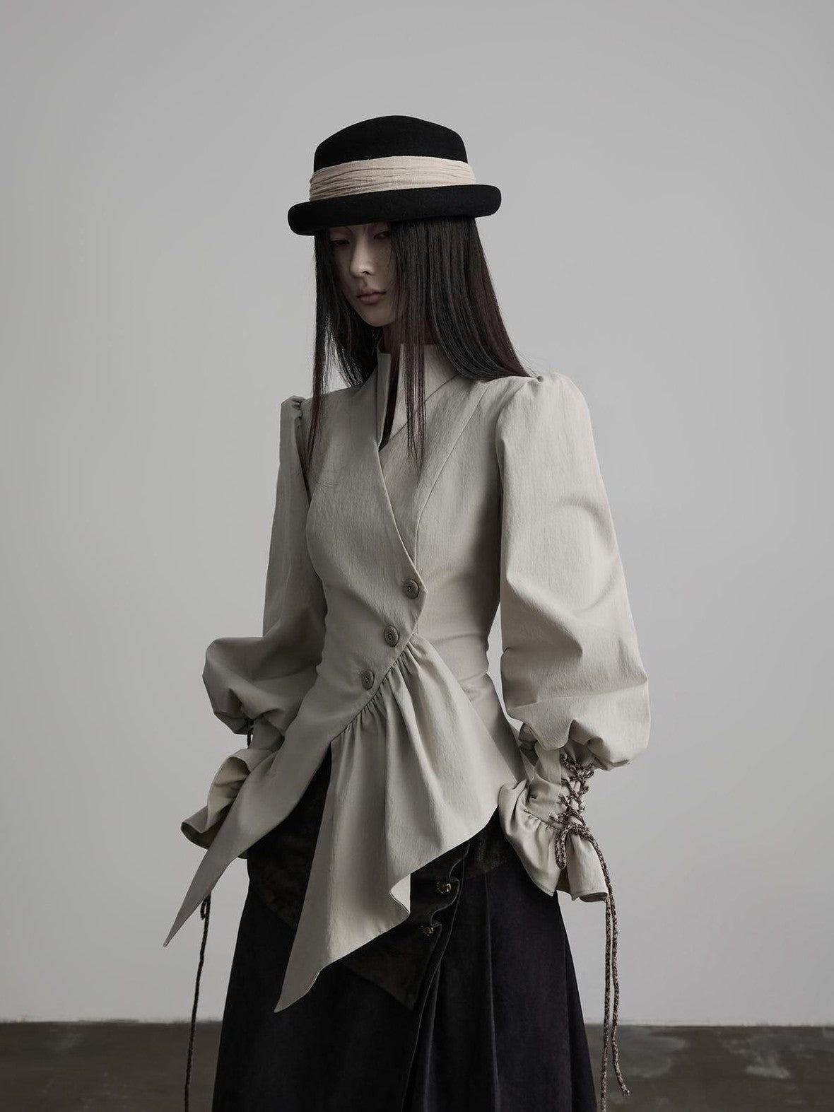 INDULGE Asymmetric Button Stand Collar Ruched Deconstructed Waist Tie Women&