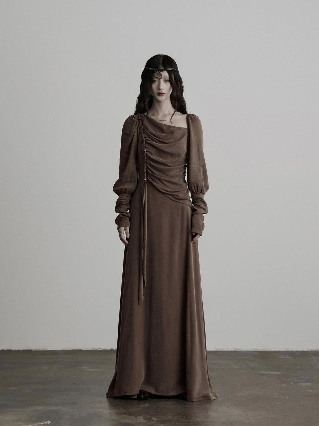 INDULGE Asymmetric Draped Neck Slit Fitted Waist Cupro Women&