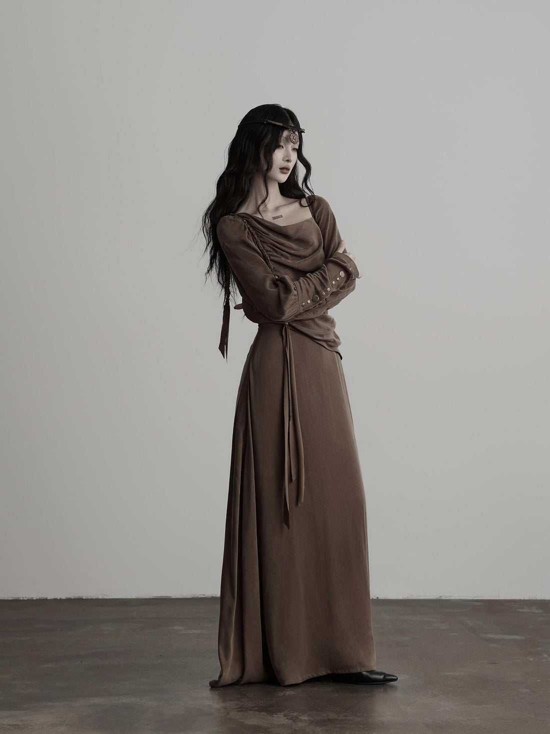 INDULGE Asymmetric Draped Neck Slit Fitted Waist Cupro Women&