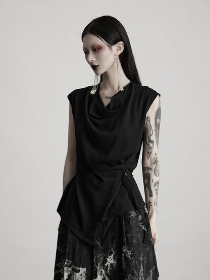 INDULGE Asymmetric V-neck Slim Fit Casual Knit Women Solid Black Polyester Tank Tops
