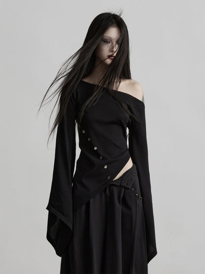 INDULGE Asymmetrical Dark Goth Long Sleeve Black Lyocell Women Off-Shoulder T-Shirts