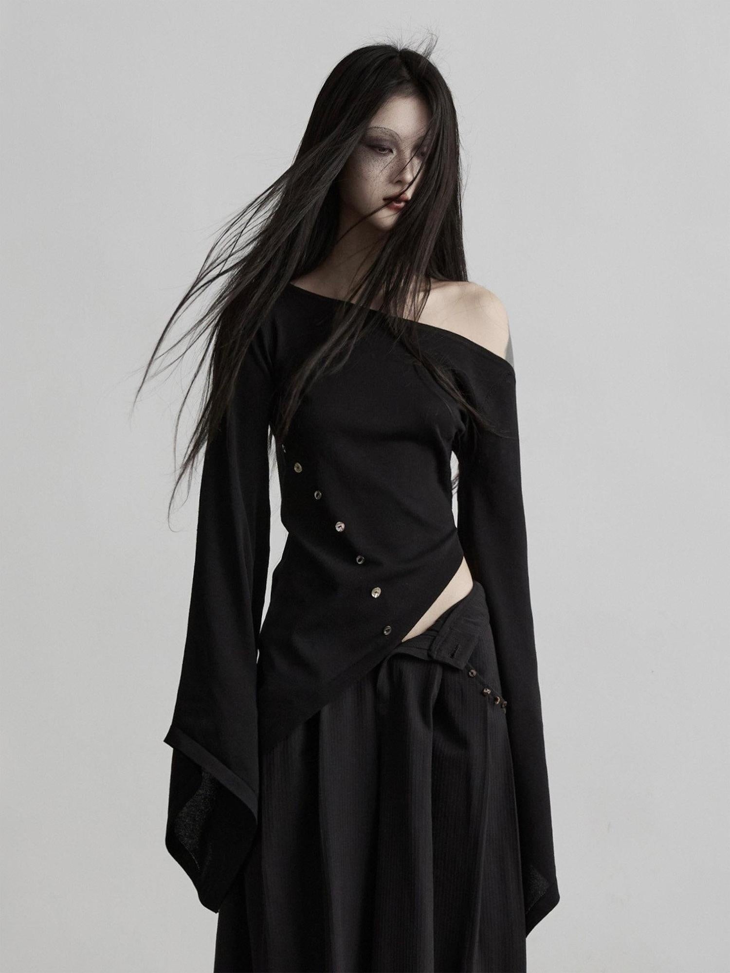 INDULGE Asymmetrical Dark Goth Long Sleeve Black Lyocell Women Off-Shoulder T-Shirts