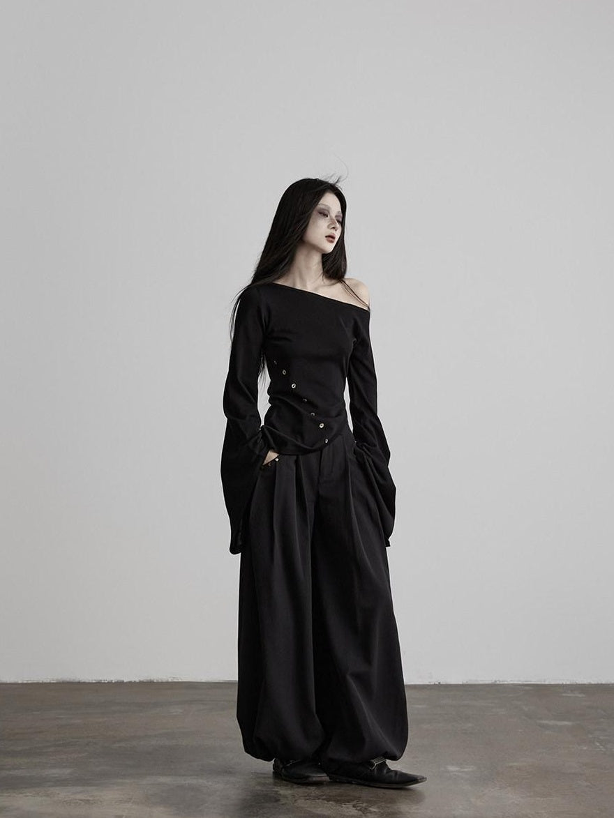 INDULGE Asymmetrical Dark Goth Long Sleeve Black Lyocell Women Off-Shoulder T-Shirts
