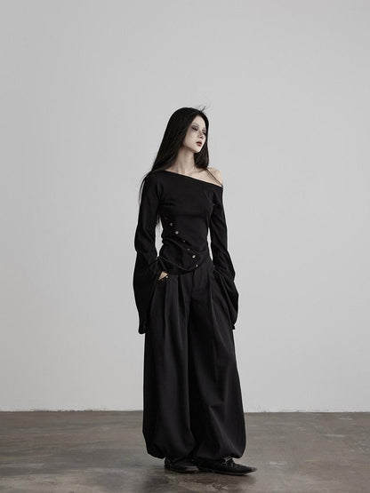 INDULGE Asymmetrical Dark Goth Long Sleeve Black Lyocell Women Off-Shoulder T-Shirts