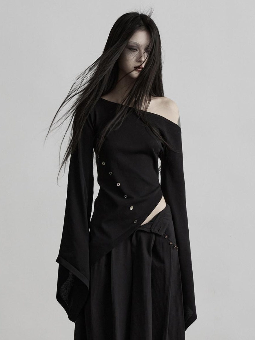 INDULGE Asymmetrical Dark Goth Long Sleeve Black Lyocell Women Off-Shoulder T-Shirts