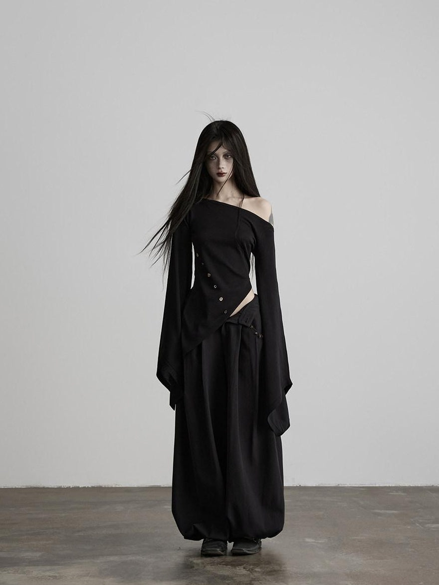 INDULGE Asymmetrical Dark Goth Long Sleeve Black Lyocell Women Off-Shoulder T-Shirts