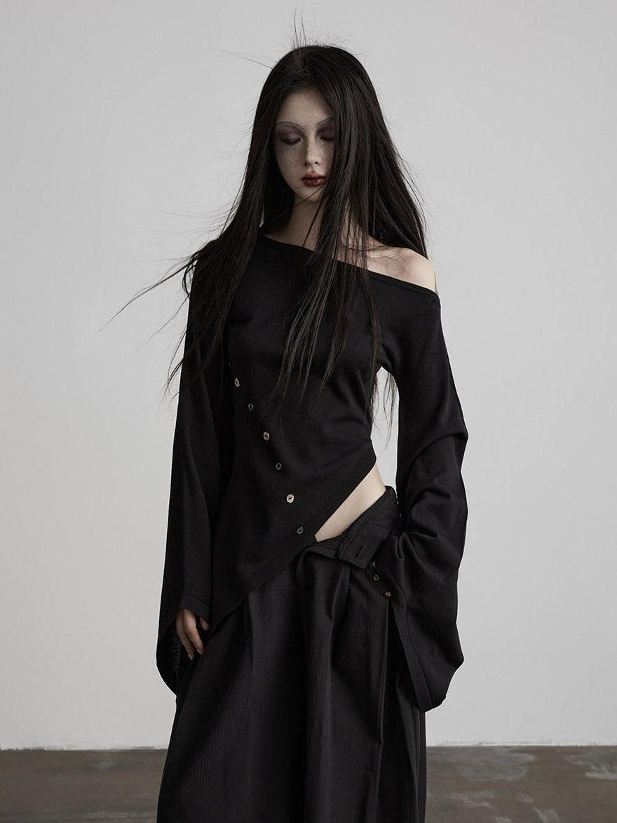 INDULGE Asymmetrical Dark Goth Long Sleeve Black Lyocell Women Off-Shoulder T-Shirts