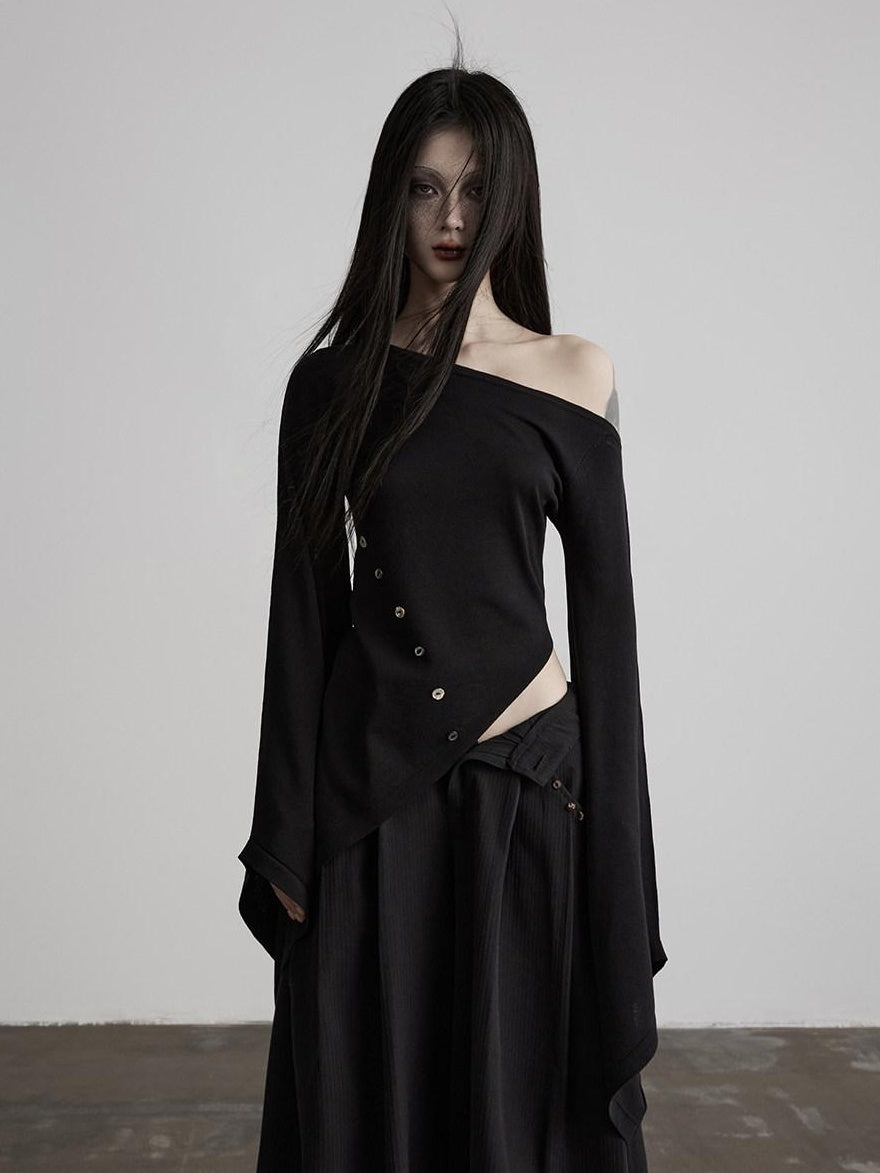 INDULGE Asymmetrical Dark Goth Long Sleeve Black Lyocell Women Off-Shoulder T-Shirts