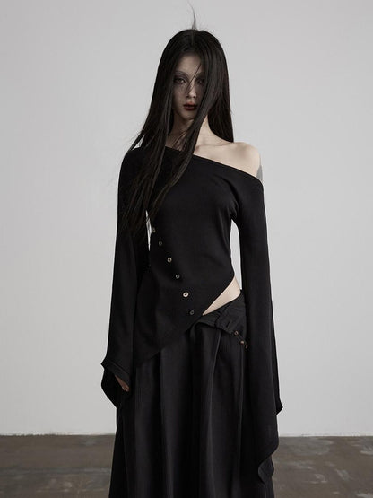 INDULGE Asymmetrical Dark Goth Long Sleeve Black Lyocell Women Off-Shoulder T-Shirts