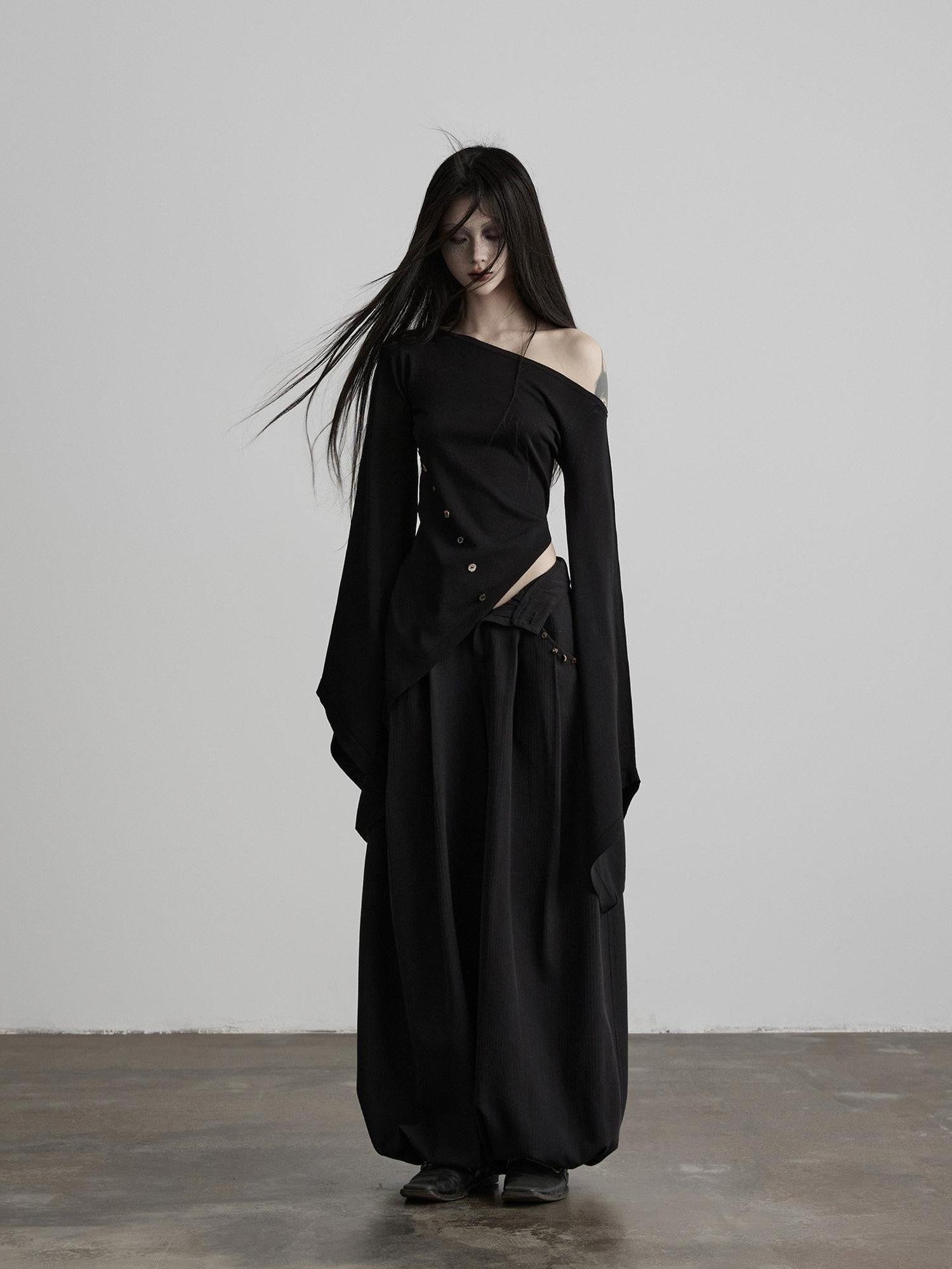 INDULGE Asymmetrical Dark Goth Long Sleeve Black Lyocell Women Off-Shoulder T-Shirts