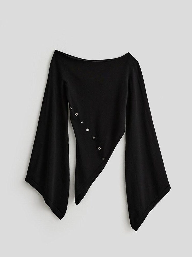 INDULGE Asymmetrical Dark Goth Long Sleeve Black Lyocell Women Off-Shoulder T-Shirts