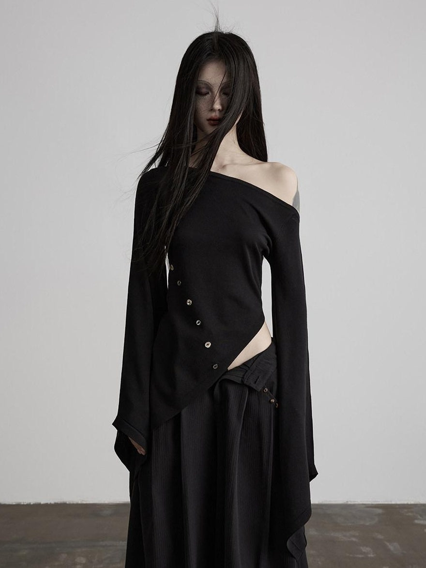 INDULGE Asymmetrical Dark Goth Long Sleeve Black Lyocell Women Off-Shoulder T-Shirts