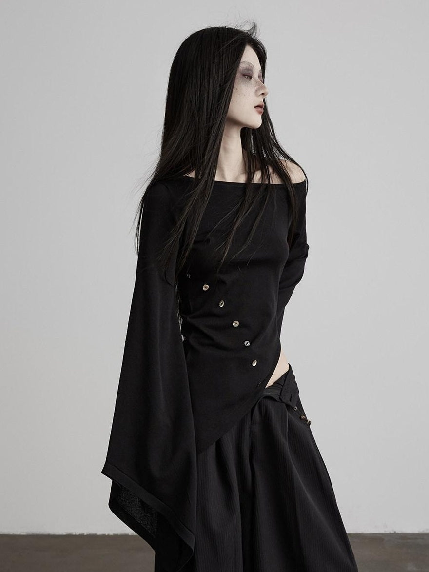 INDULGE Asymmetrical Dark Goth Long Sleeve Black Lyocell Women Off-Shoulder T-Shirts