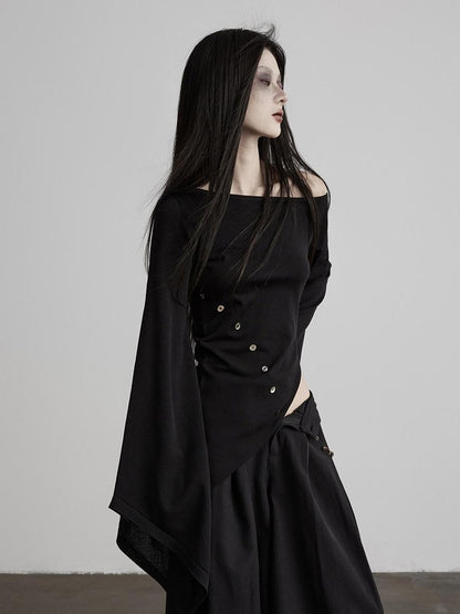 INDULGE Asymmetrical Dark Goth Long Sleeve Black Lyocell Women Off-Shoulder T-Shirts