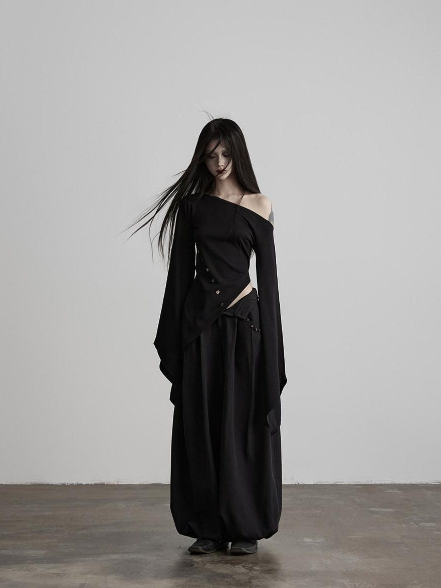 INDULGE Asymmetrical Dark Goth Long Sleeve Black Lyocell Women Off-Shoulder T-Shirts