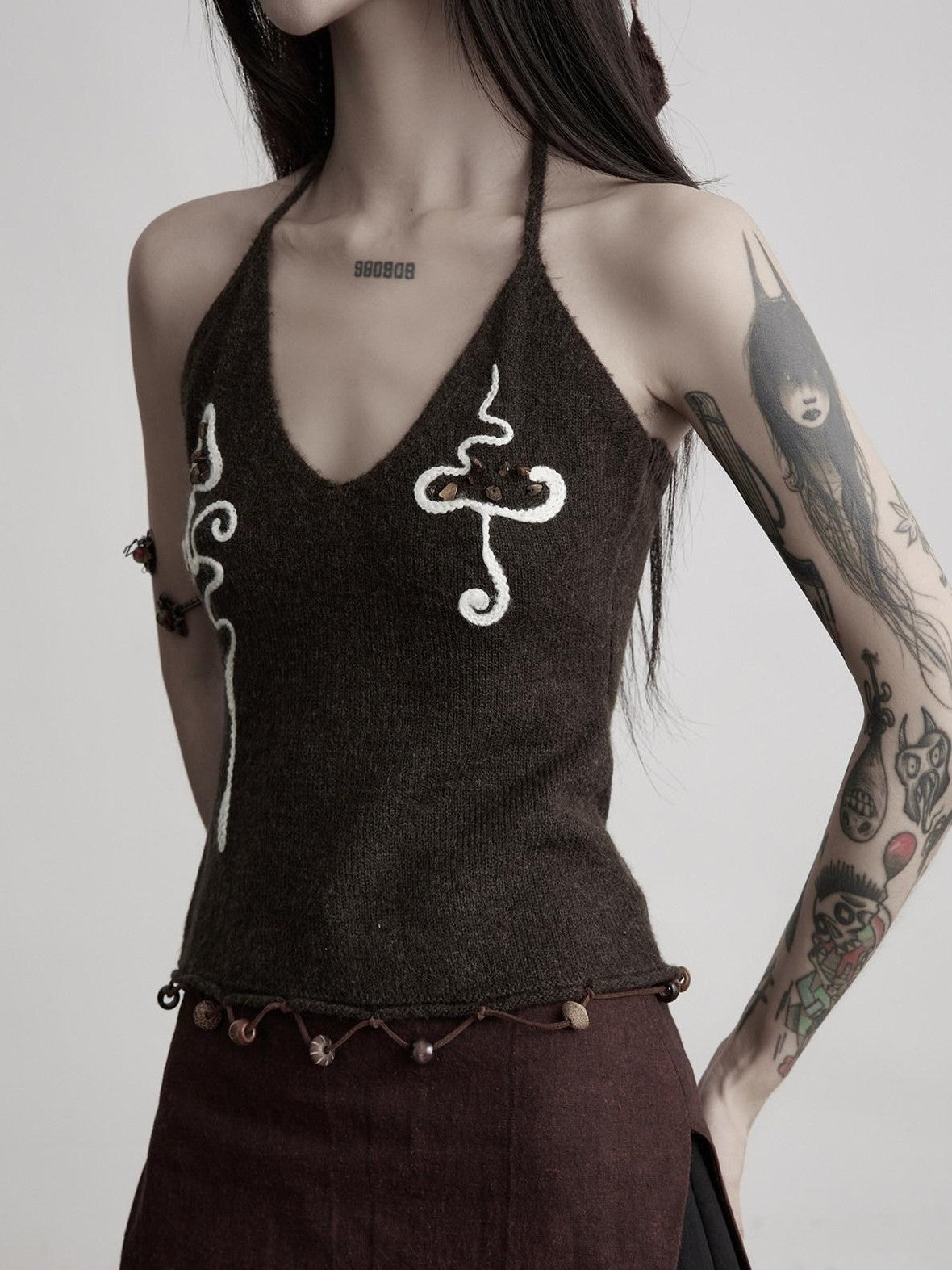 INDULGE Beaded Embroidered Knit Halter Women&