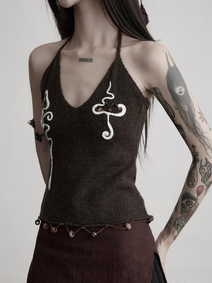 INDULGE Beaded Embroidered Knit Halter Women&