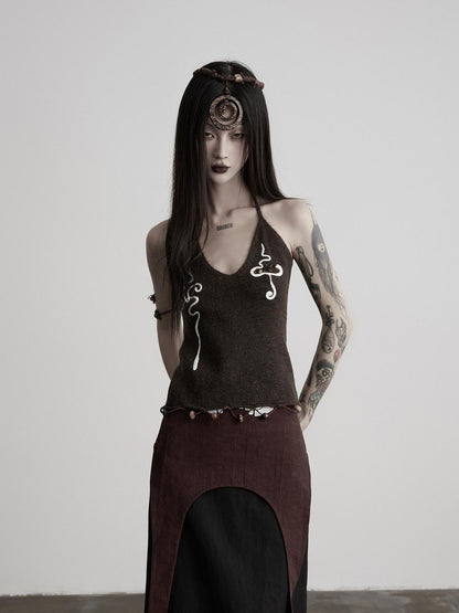 INDULGE Beaded Embroidered Knit Halter Women&