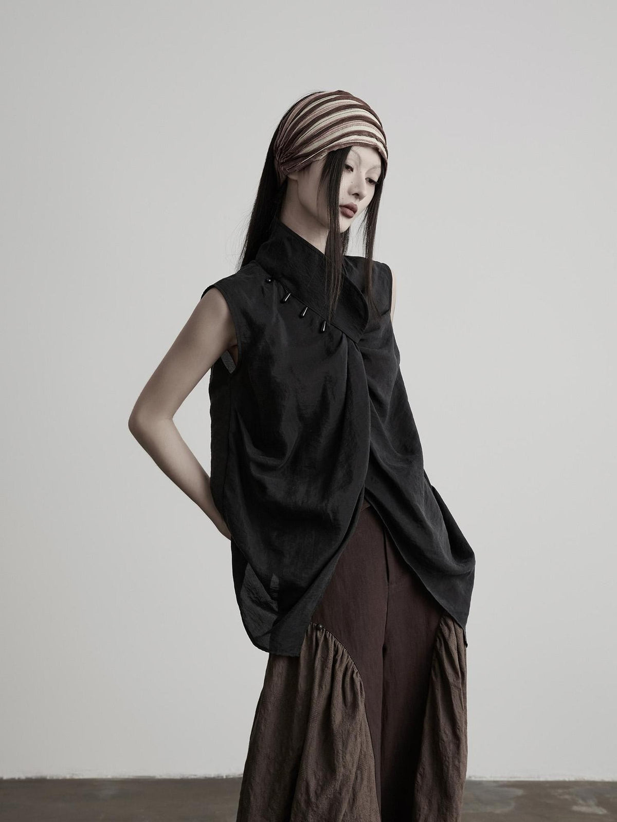 INDULGE Beaded Pleated Stand Collar Wrap Asymmetric Women&