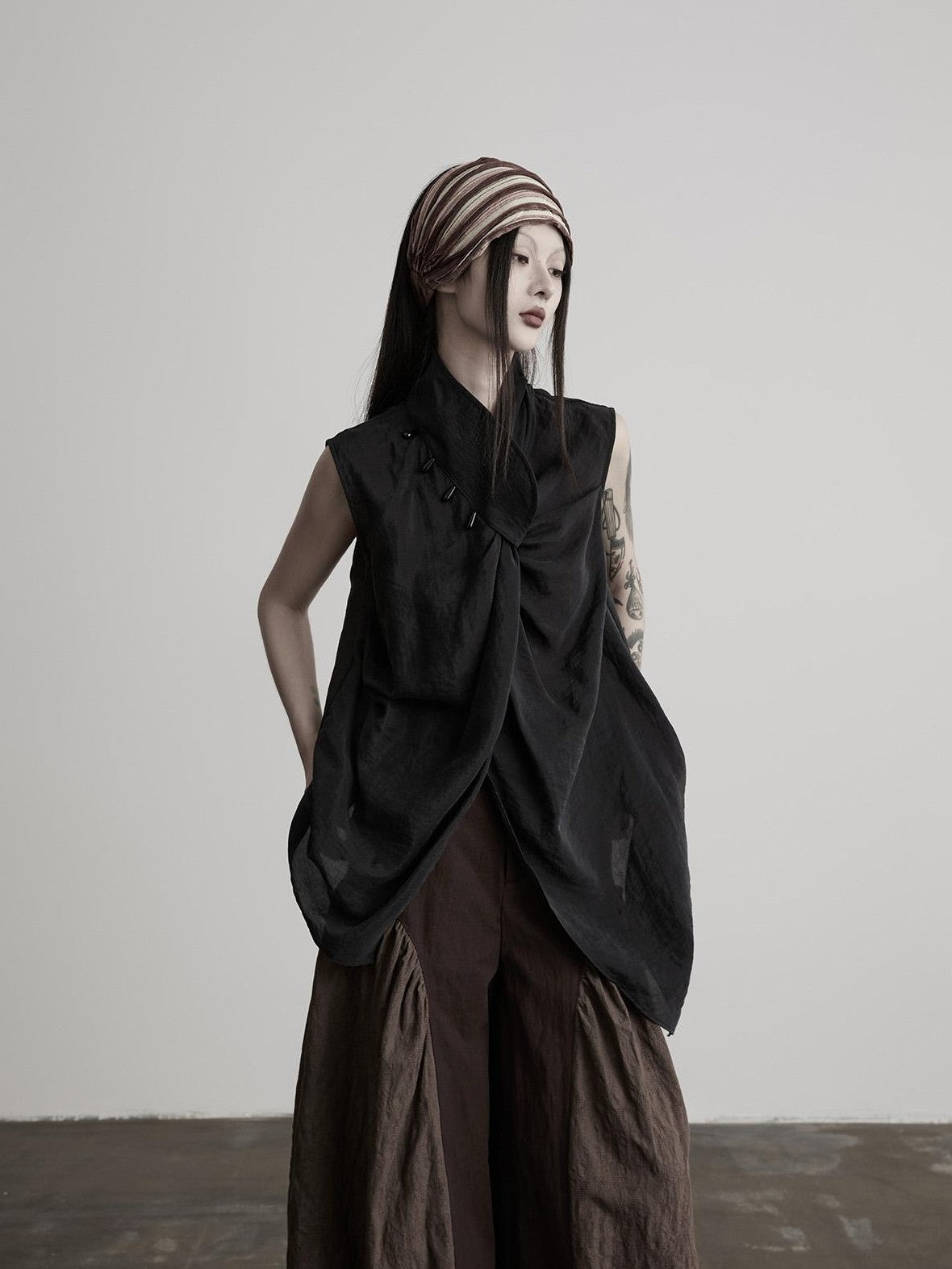 INDULGE Beaded Pleated Stand Collar Wrap Asymmetric Women&
