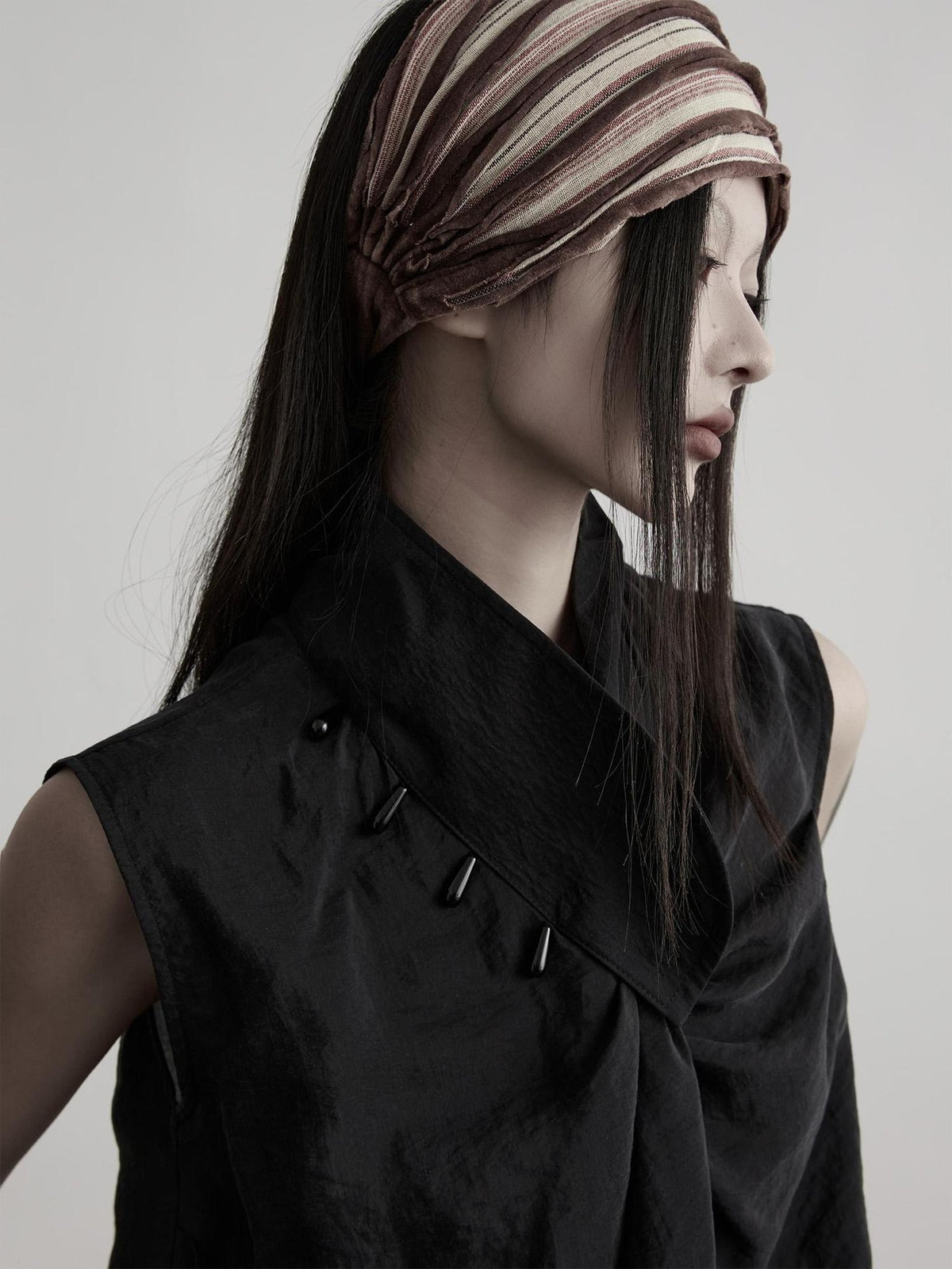 INDULGE Beaded Pleated Stand Collar Wrap Asymmetric Women&
