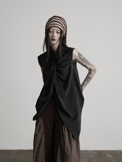 INDULGE Beaded Pleated Stand Collar Wrap Asymmetric Women&