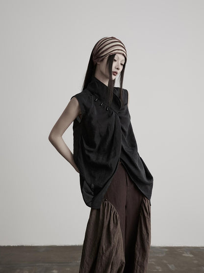 INDULGE Beaded Pleated Stand Collar Wrap Asymmetric Women&