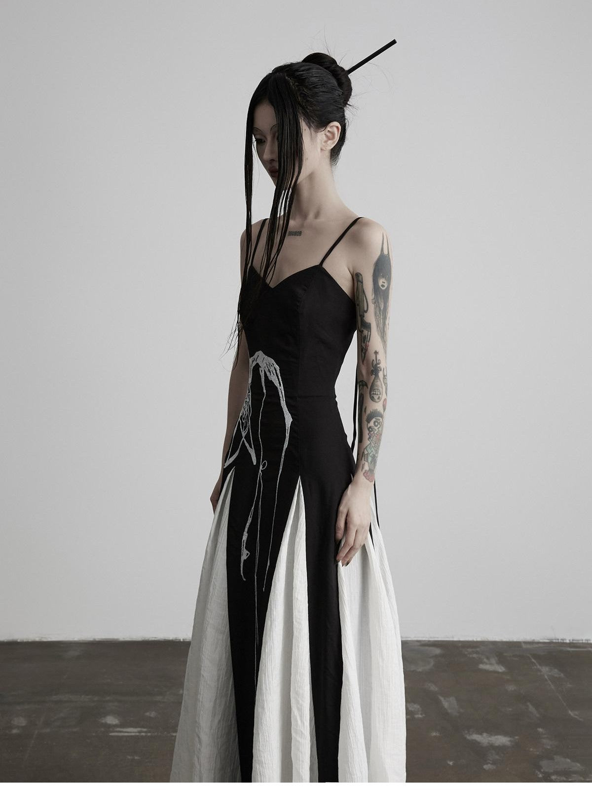INDULGE Black Animal Embroidery Strappy A Line Women&