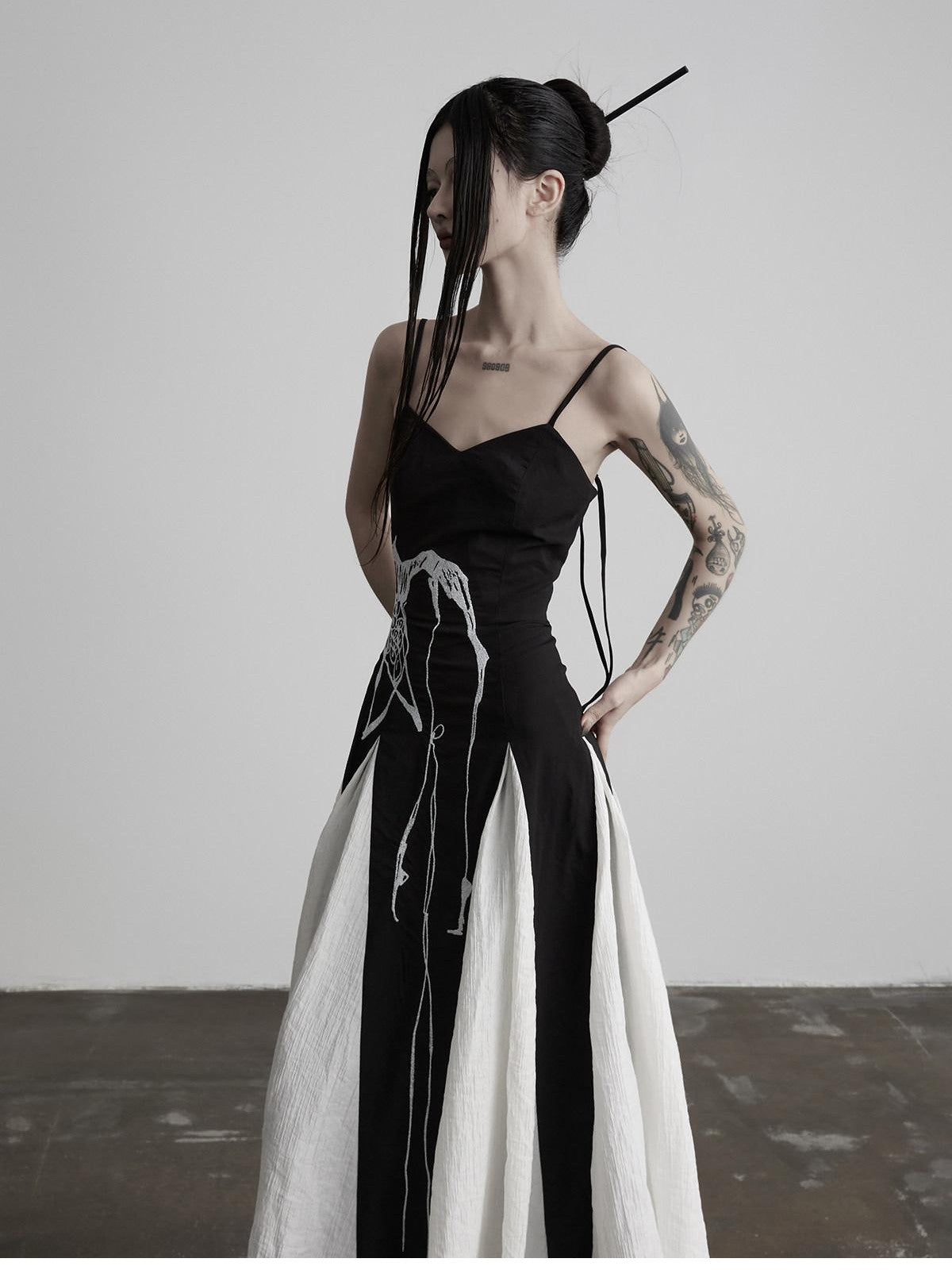 INDULGE Black Animal Embroidery Strappy A Line Women&