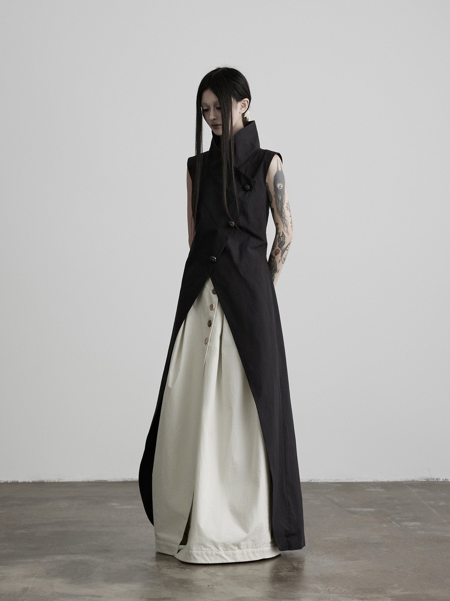 INDULGE_Black_Asymmetric_Placket_Stand_Collar_Front_Slit_Women&